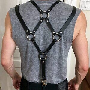 Black Leather Top Shoulder Suspenders Harness Belt BDSM Slave Fetish Bondage NWT